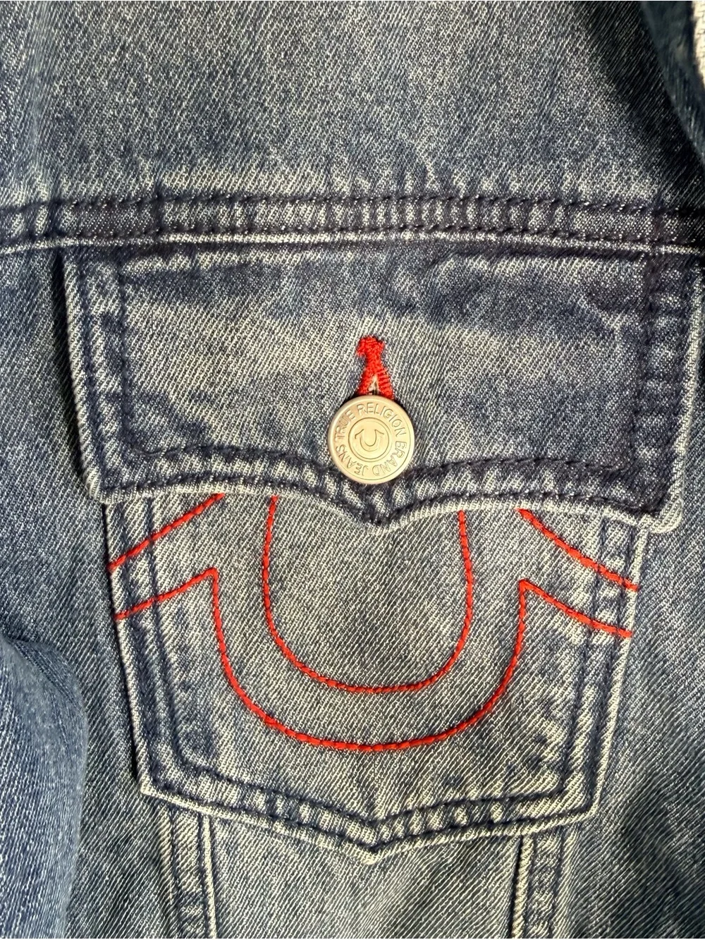 True Religion Men's Blue Denim Trucker Jacket with Red Stitching
